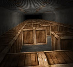 wooden boxes on the ground in a dark tunnel