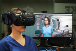 nurse wearing headset on the left, with computer screen showing virtual patient on the right